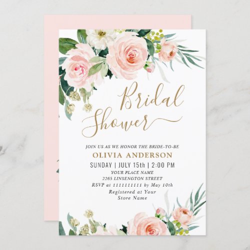 Blush Pink Flowers Watercolor Bridal Shower Invitation