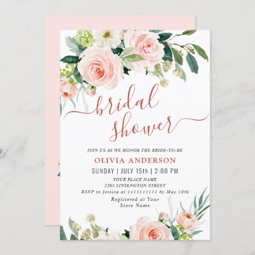 Blush Pink Flowers Watercolor Bridal Shower Invitation