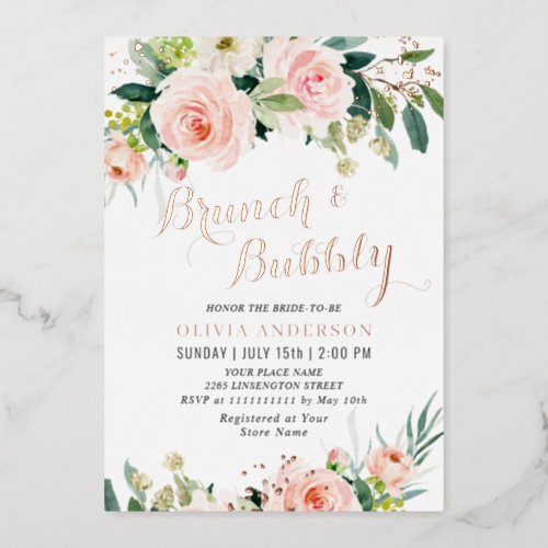 Blush Pink Flowers Watercolor Brunch  Bubbly Gold Foil Invitation