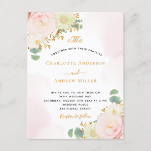 Blush pink flowers watercolor gold wedding postcard