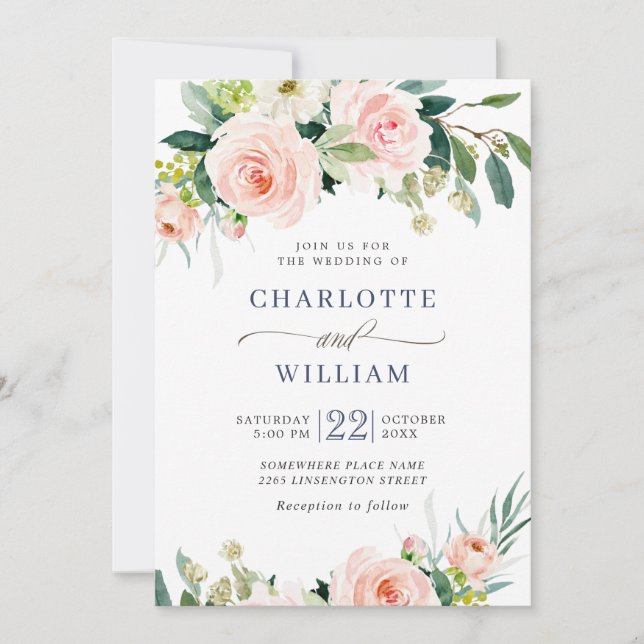Blush Pink Flowers Watercolor Greenery Wedding Invitation (Front)