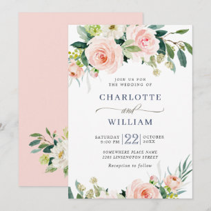 Blush Pink Flowers Watercolor Greenery Wedding Invitation
