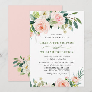 Blush Pink Flowers Watercolor Greenery Wedding Invitation