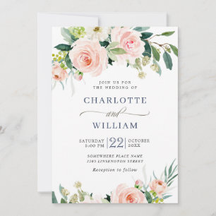 Blush Pink Flowers Watercolor Greenery Wedding Invitation
