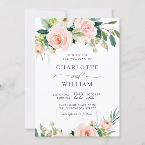Blush Pink Flowers Watercolor Greenery Wedding Invitation