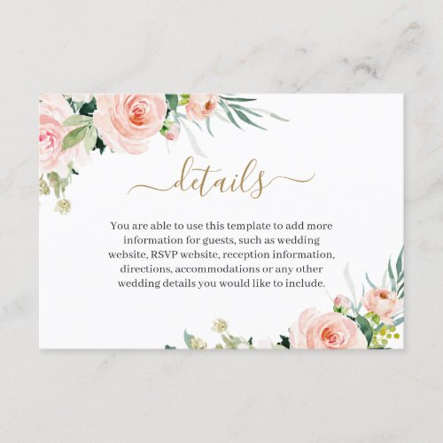 Blush Pink Flowers Watercolor Wedding Details Enclosure Card