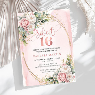 Blush Pink Flowers with Greenery Sweet Sixteen Invitation