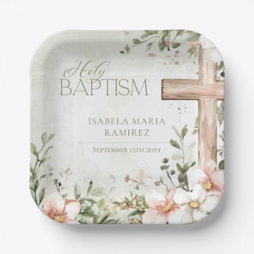 Blush pink flowers  wooden cross baptism green