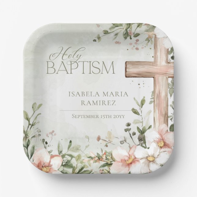 Blush pink flowers  wooden cross baptism green paper plates (Front)