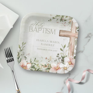 Blush pink flowers  wooden cross baptism green paper plates