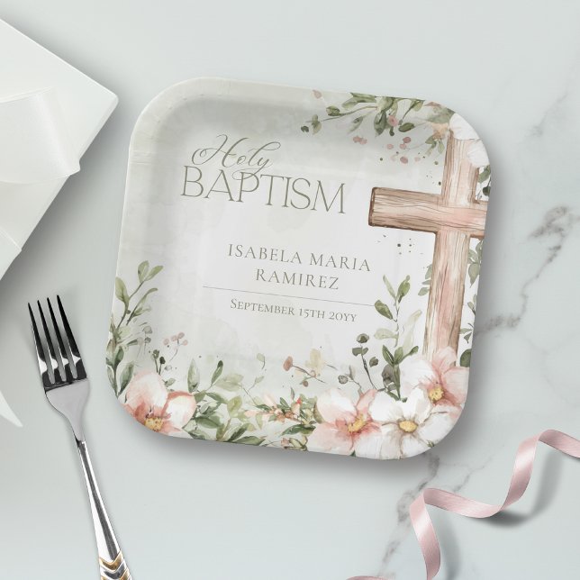 Blush pink flowers  wooden cross baptism green paper plates (Creator Uploaded)