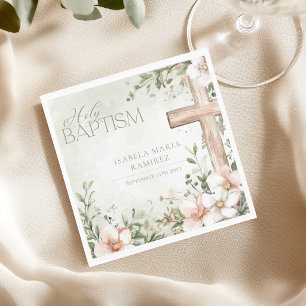 Blush pink flowers  wooden cross girl baptism napkins