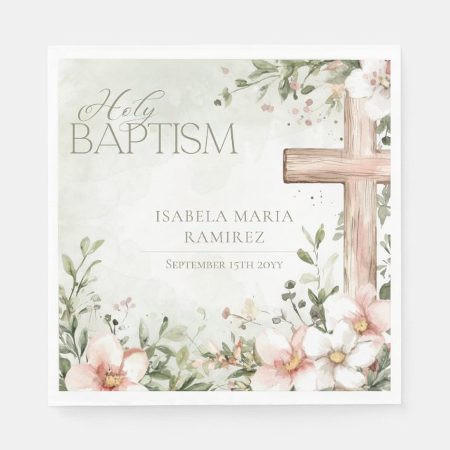 Blush pink flowers  wooden cross girl baptism napkins (Front)