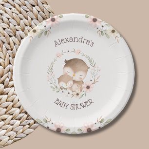 Blush Pink Flowers Woodland Owl Baby Girl Shower Paper Plates