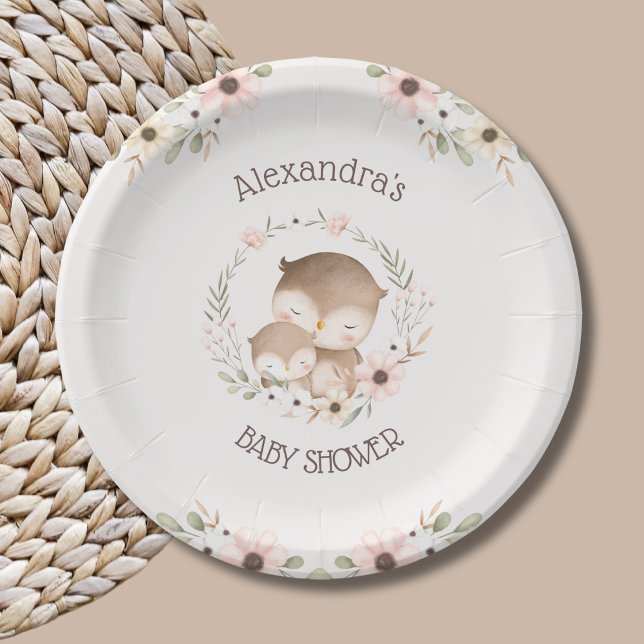 Blush Pink Flowers Woodland Owl Baby Girl Shower Paper Plates (Creator Uploaded)