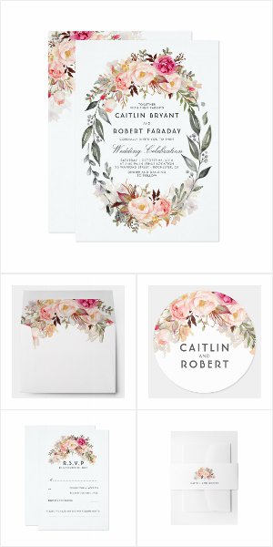 Blush Pink Flowers Wreath Wedding Invitation Set