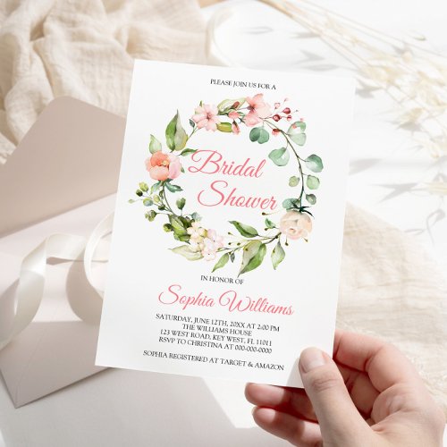 Blush Pink Flowers Wreath Bridal Shower Invitation