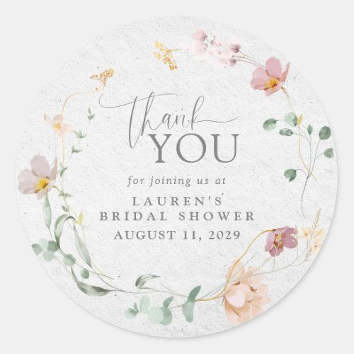 Blush Pink Flowers Wreath Bridal Shower Thank You Classic Round Sticker