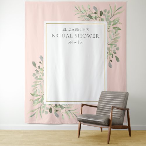 Blush Pink Foliage Bridal Shower Photo Backdrop - Featuring delicate watercolor greenery leaves on a blush pink background, this chic bridal shower photo booth backdrop can be personalized with the bride's name and special date. Designed by Thisisnotme©