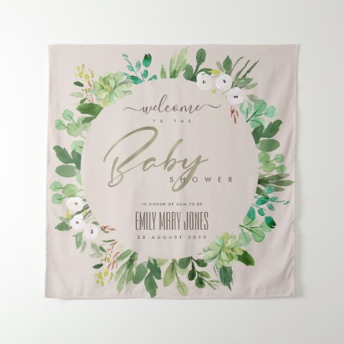 BLUSH PINK FOLIAGE WATERCOLOR BABY SHOWER WELCOME TAPESTRY