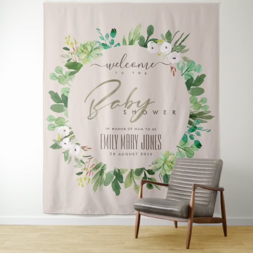 BLUSH PINK FOLIAGE WATERCOLOR  BABY SHOWER WELCOME TAPESTRY