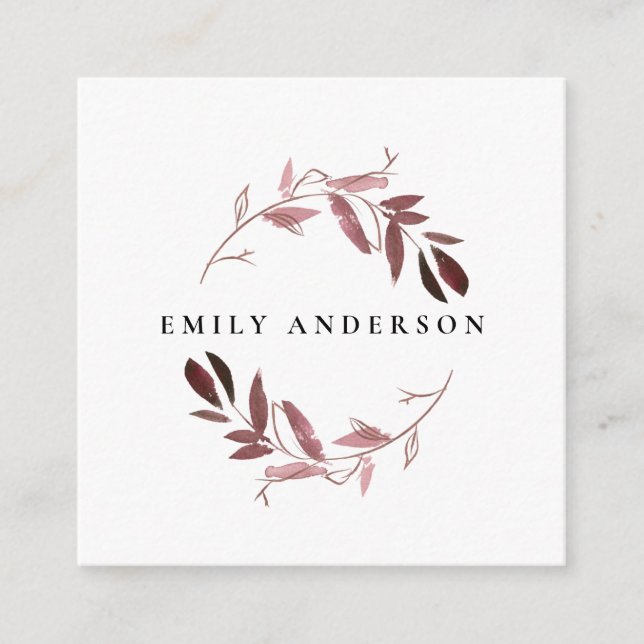 BLUSH PINK FOLIAGE WATERCOLOR WREATH PROFESSIONAL SQUARE BUSINESS CARD (Front)