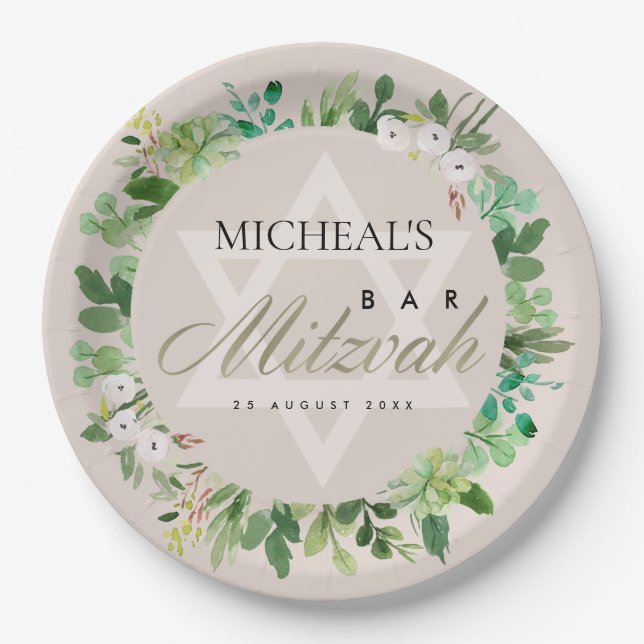 BLUSH PINK FOLIAGE WREATH STAR BAR BAT MITZVAH PAPER PLATES (Front)