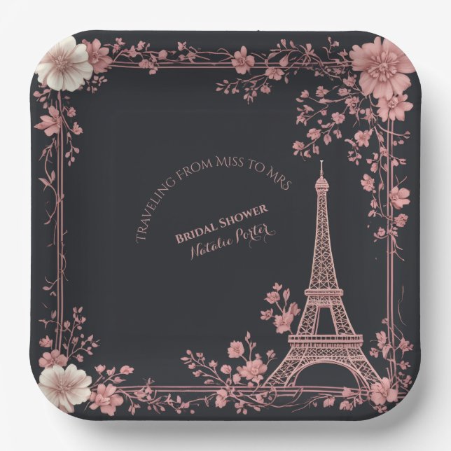 Blush Pink French Miss to Mrs Bridal Shower Paris  Paper Plates (Front)