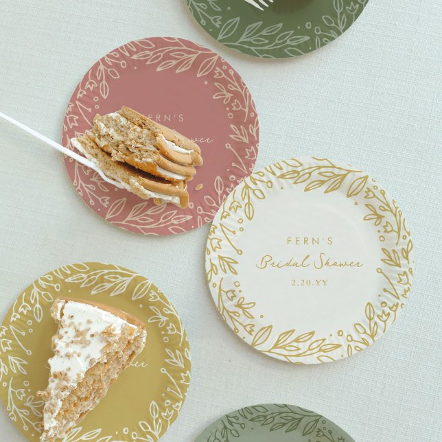 Blush Pink Garden Floral Bridal Shower Paper Plates (Sage green, blush pink, and golden paper party plates from the Gilded Garden bridal shower suite.)