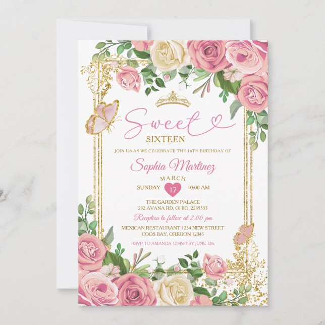 Blush Pink Garden Floral Sweet 16th Girl Birthday Invitation (Front)