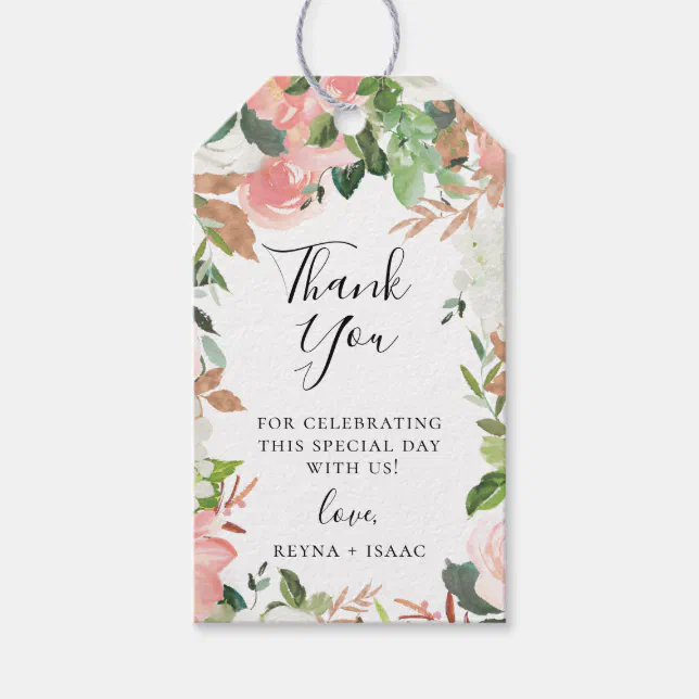 Blush Pink Garden Floral Wedding Thank you Gift Tags | Zazzle