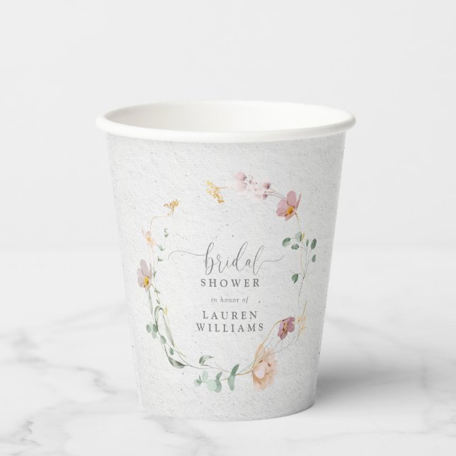Blush Pink Garden Flowers Wreath Bridal Shower Paper Cups (Front)