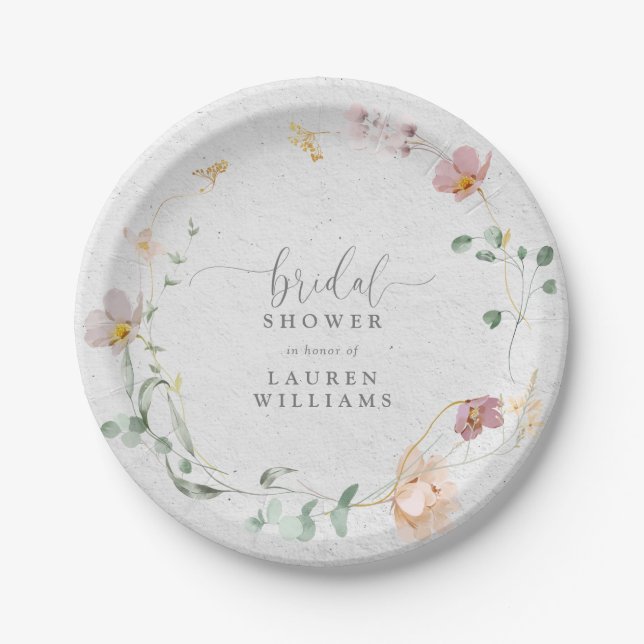 Blush Pink Garden Flowers Wreath Bridal Shower Paper Plates (Front)
