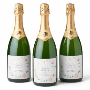 Blush Pink Garden Flowers Wreath Bridal Shower Sparkling Wine Label