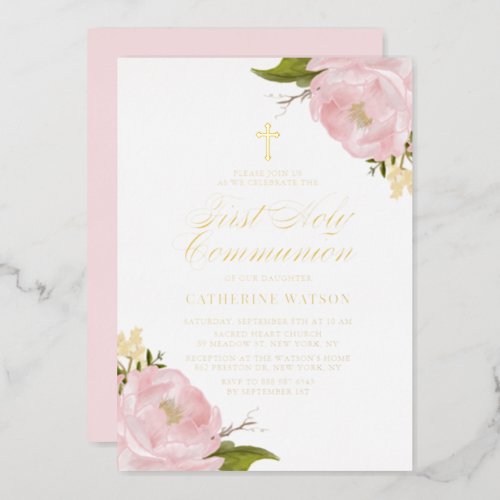 Blush Pink Garden Rose First Holy Communion Gold Foil Invitation