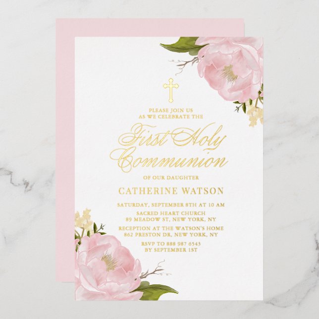 Blush Pink Garden Rose First Holy Communion Gold Foil Invitation (Front/Back)