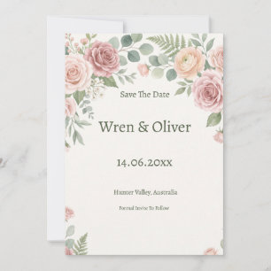 Blush Pink Garden Rose Floral Save The Date