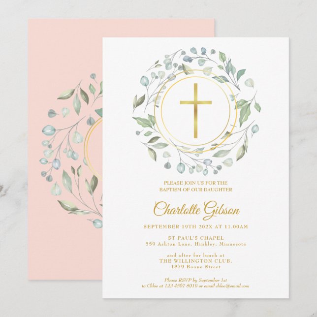 Blush Pink Garland Gold Cross Baptism Christening  Invitation (Front/Back)