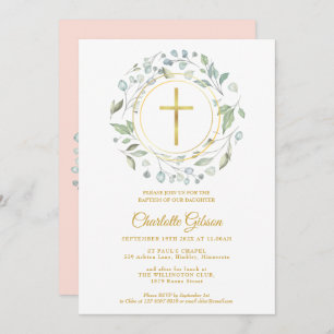 Blush Pink Garland Gold Cross Baptism Christening Invitation