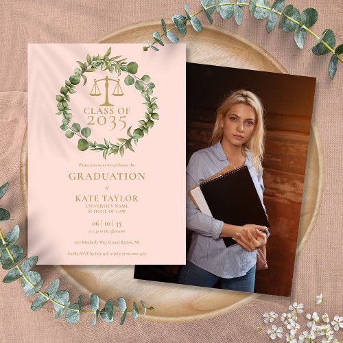 Blush Pink Garland Law School Graduation Photo Invitation