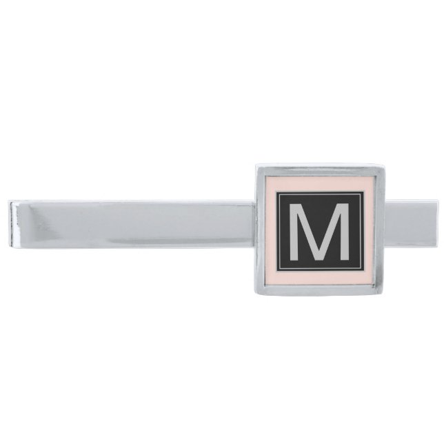Blush Pink Geometric Black Silver Monogram Finish Tie Bar (Front)
