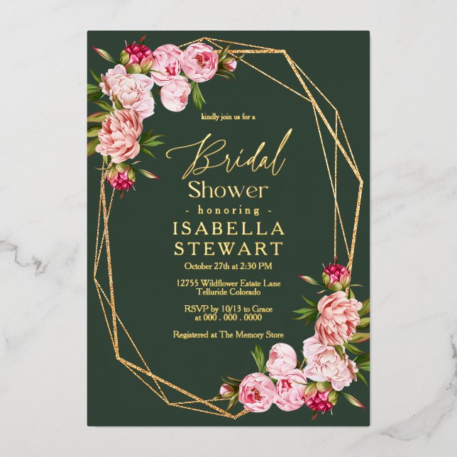 Blush Pink Geometric Dark Green Bridal Shower Foil Invitation (Front)