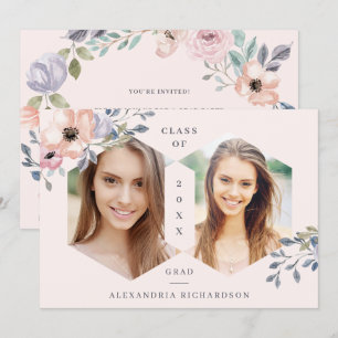 Blush Pink Geometric Floral Photo Grad Party Invitation
