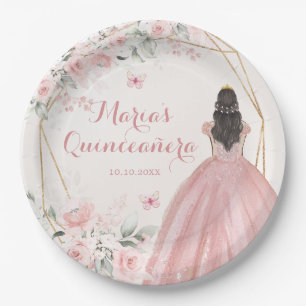 Blush Pink Geometric Floral Princess 15 Años Paper Plates