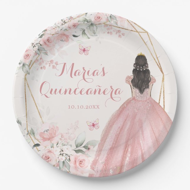 Blush Pink Geometric Floral Princess 15 Años Paper Plates (Front)