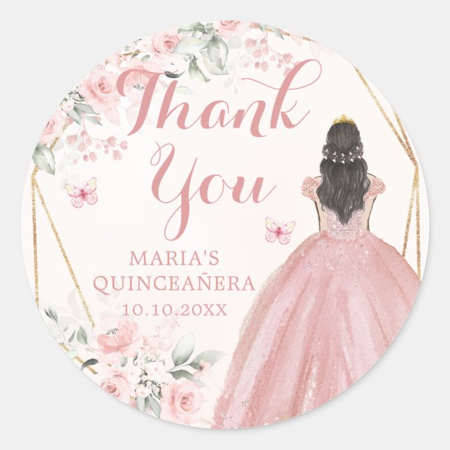 Blush Pink Geometric Floral Quinceañera Thank You Classic Round Sticker (Front)