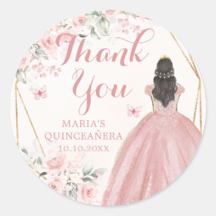 Blush Pink Geometric Floral Quinceañera Thank You Classic Round Sticker