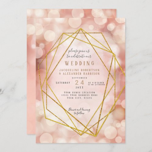 Blush Pink Geometric Gold Glitter Twinkle Lights Invitation