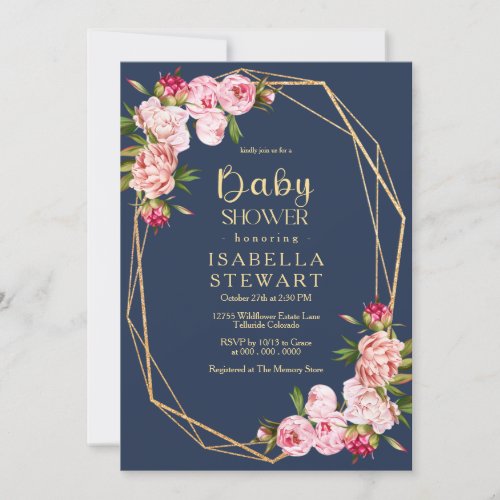 Blush Pink Geometric Royal Blue Navy Baby Shower Invitation