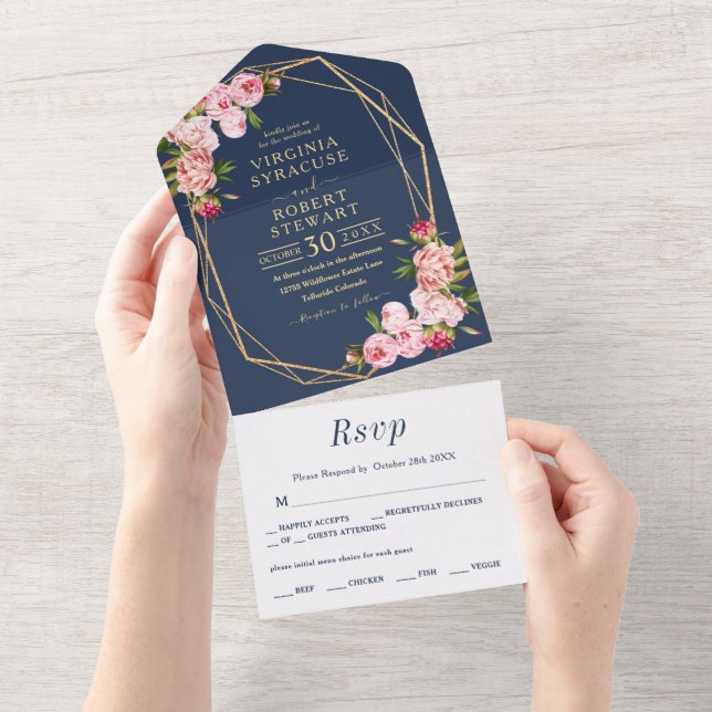 Blush Pink Geometric Royal Blue Navy Wedding All In One Invitation (Tearaway)